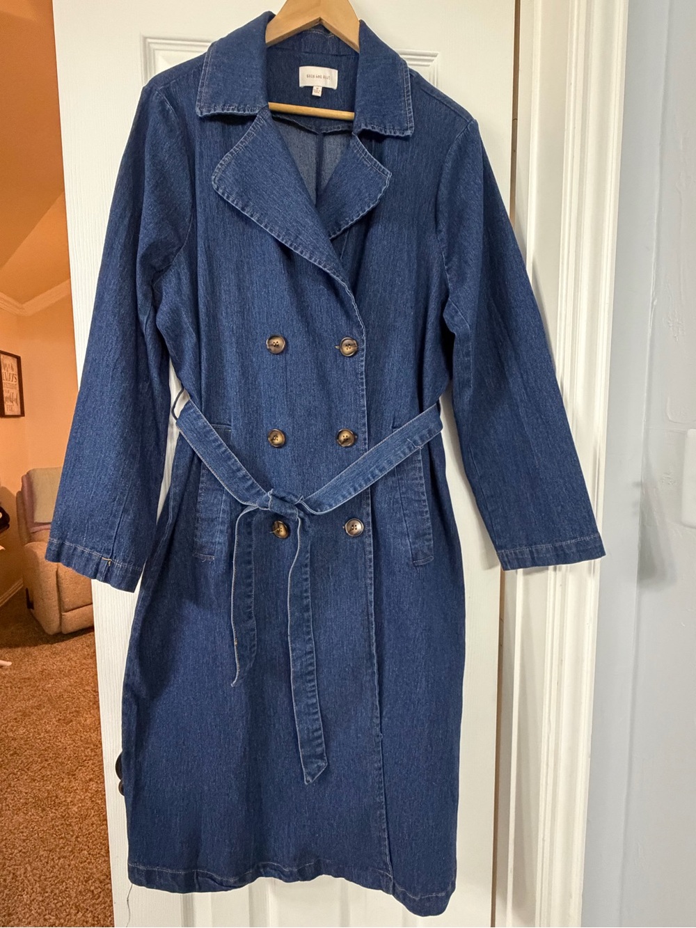 Skies are Blue Women's Double-Breasted Denim Trench Dress or Coat- Indigo Blue